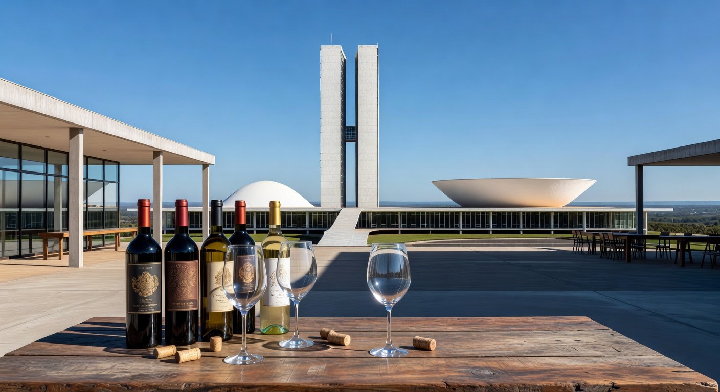 Garrafas de vinhos exclusivos da Vinícola Brasília com arquitetura da capital ao fundo, celebrando 2 anos e 66 anos de Brasília.