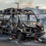 Food-truck Dog do Cangaceiro devastado por incêndio em Ceilândia, com fumaça e estrutura queimada, suspeita de vazamento de gás.