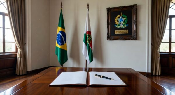 Decreto de promoções na PMDF e CBMDF sobre mesa no Palácio do Buriti, Brasília, com insígnias policiais e de bombeiros.