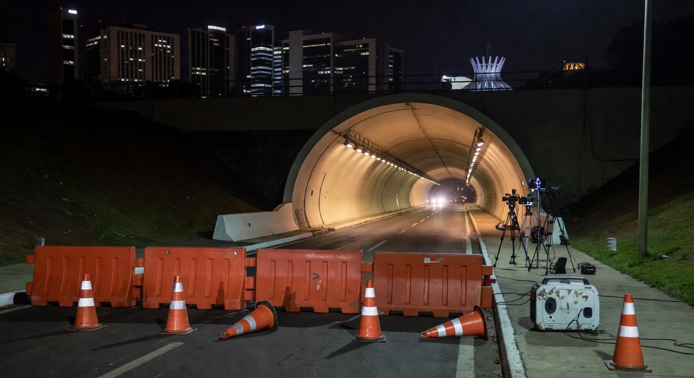 Túnel Buraco do Tatu em Brasília interditado à noite para manutenção de câmeras pelo DER-DF.
