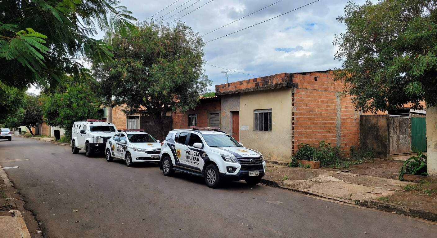 Viaturas da PMDF estacionadas em rua residencial de Ceilândia durante intervenção policial.