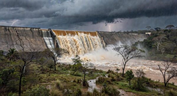 Barragem de Santa Maria transbordando no DF, expondo riscos de inundações após seca.