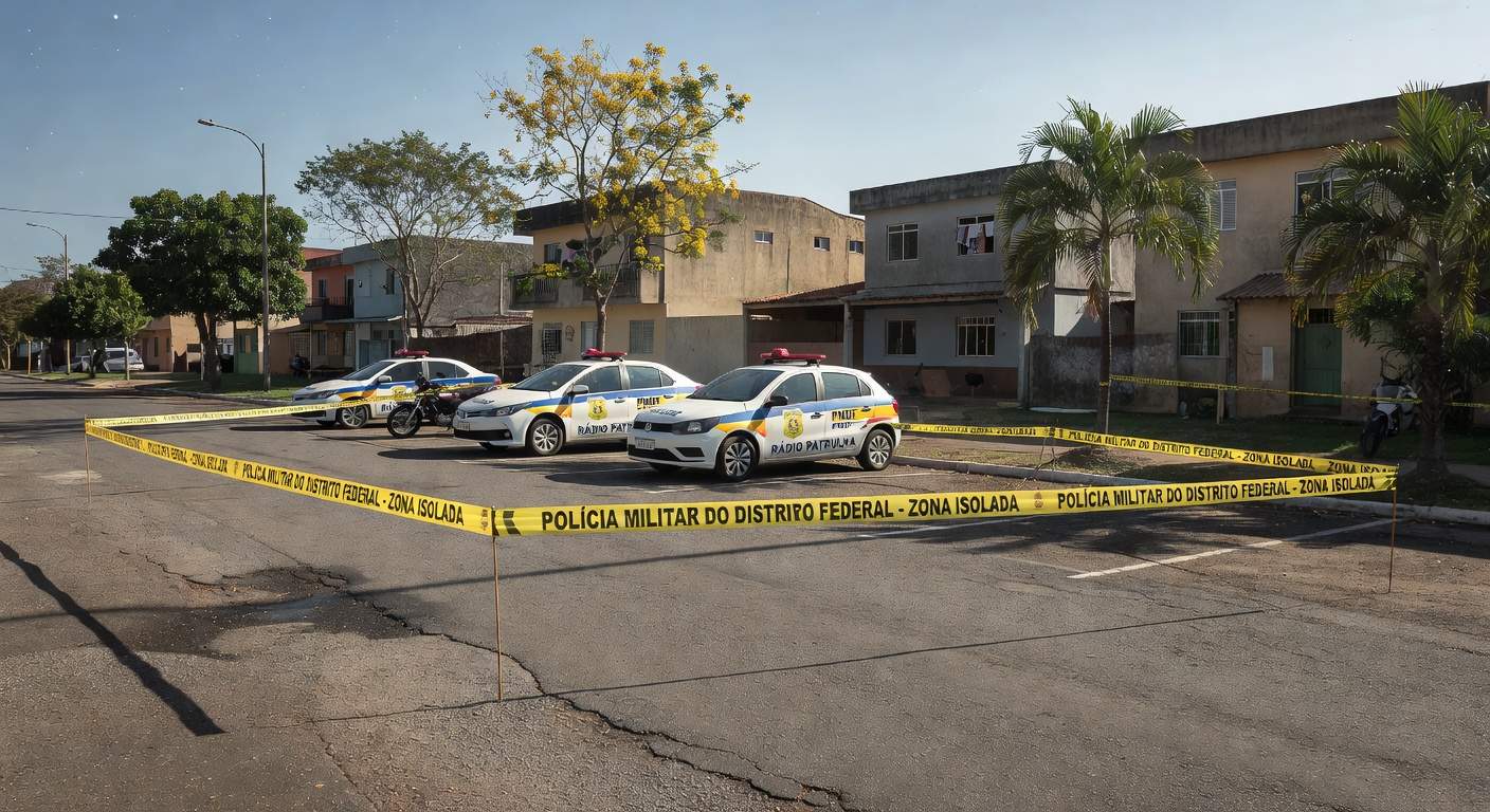 Vaga de estacionamento isolada por fita policial em rua de Samambaia, cena de crime por briga e assassinato.