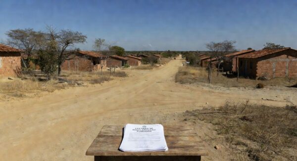 Paisagem de Planaltina com casas e documentos de regularização fundiária do GDF.