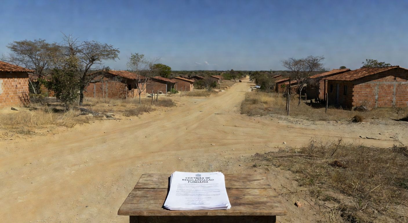 Paisagem de Planaltina com casas e documentos de regularização fundiária do GDF.