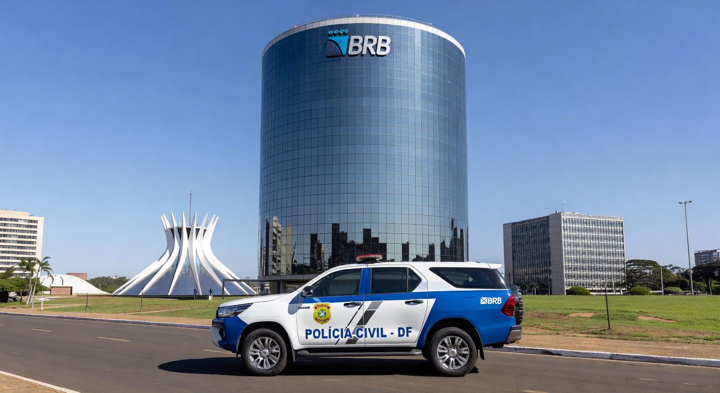 Viatura da Polícia Civil em frente ao Banco de Brasília, representando desarticulação de esquema de fraudes com prejuízo de R$ 10 milhões.