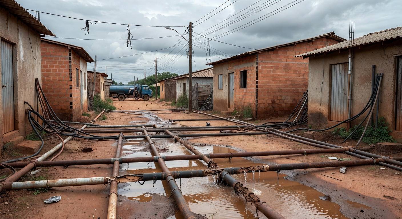 Tubulações clandestinas de água vazando em rua de Brasília, representando falhas na Caesb e ameaça à saúde pública no DF.