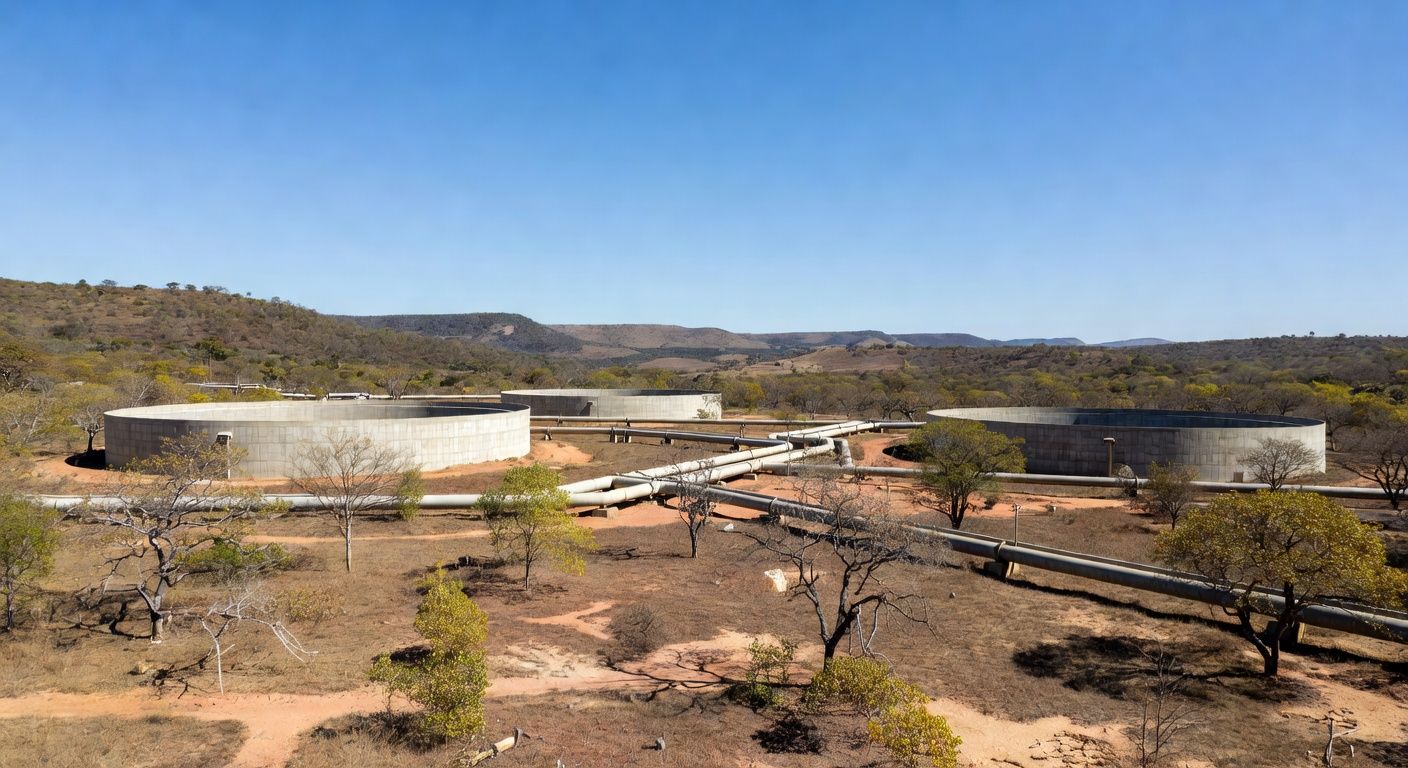 Reservatórios de água inaugurados em Sobradinho, com estruturas de saneamento no planalto central brasileiro.