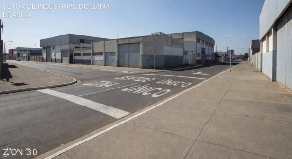Rua do Setor de Indústrias do Gama com sinalização de sentido único e Zona 30