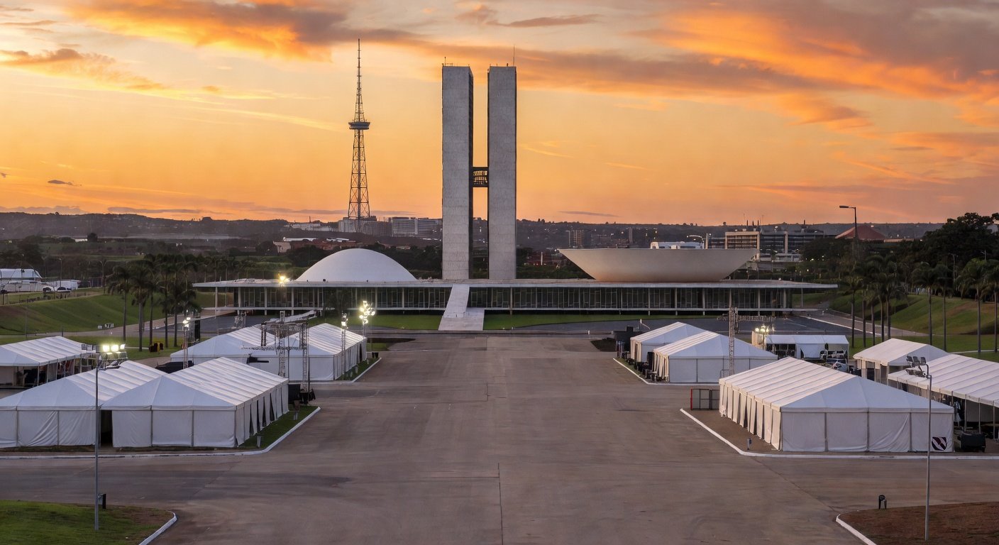 Panorama de Brasília com Congresso Nacional, sede de eventos internacionais