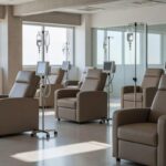 Sala de infusão hospitalar vazia evidenciando descaso com pacientes crônicos