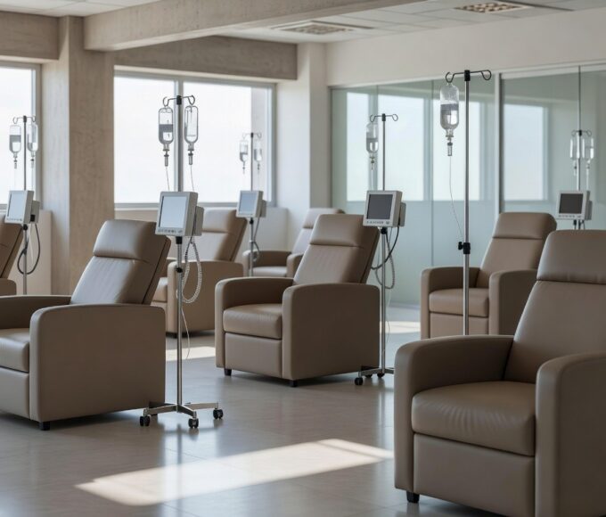 Sala de infusão hospitalar vazia evidenciando descaso com pacientes crônicos