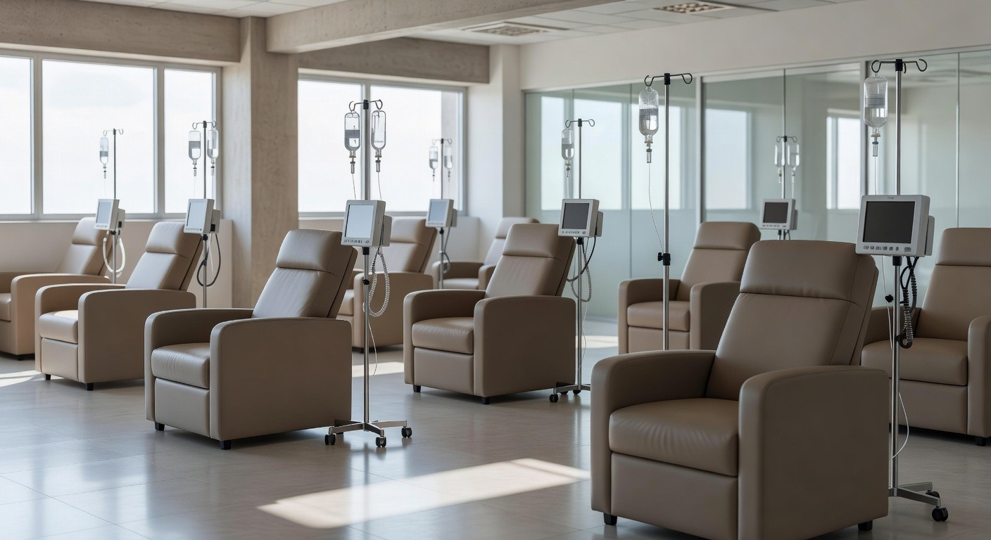 Sala de infusão hospitalar vazia evidenciando descaso com pacientes crônicos