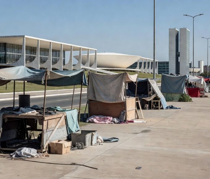 Ruas de Brasília com barracas de moradores em situação de rua