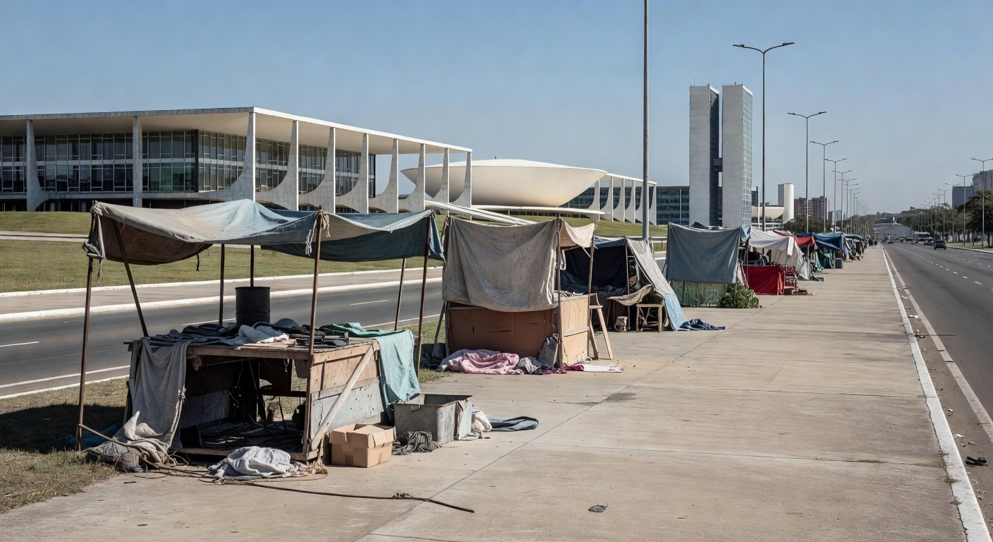 Ruas de Brasília com barracas de moradores em situação de rua
