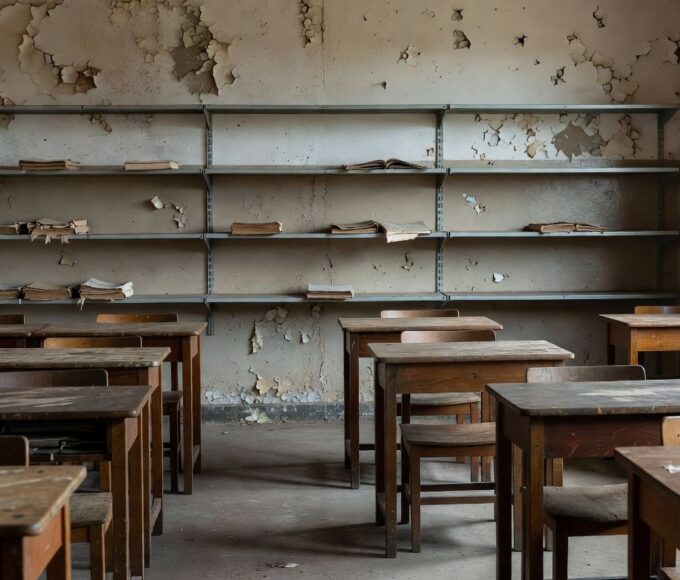 Sala de aula abandonada evidenciando falta de recursos na educação de jovens e adultos