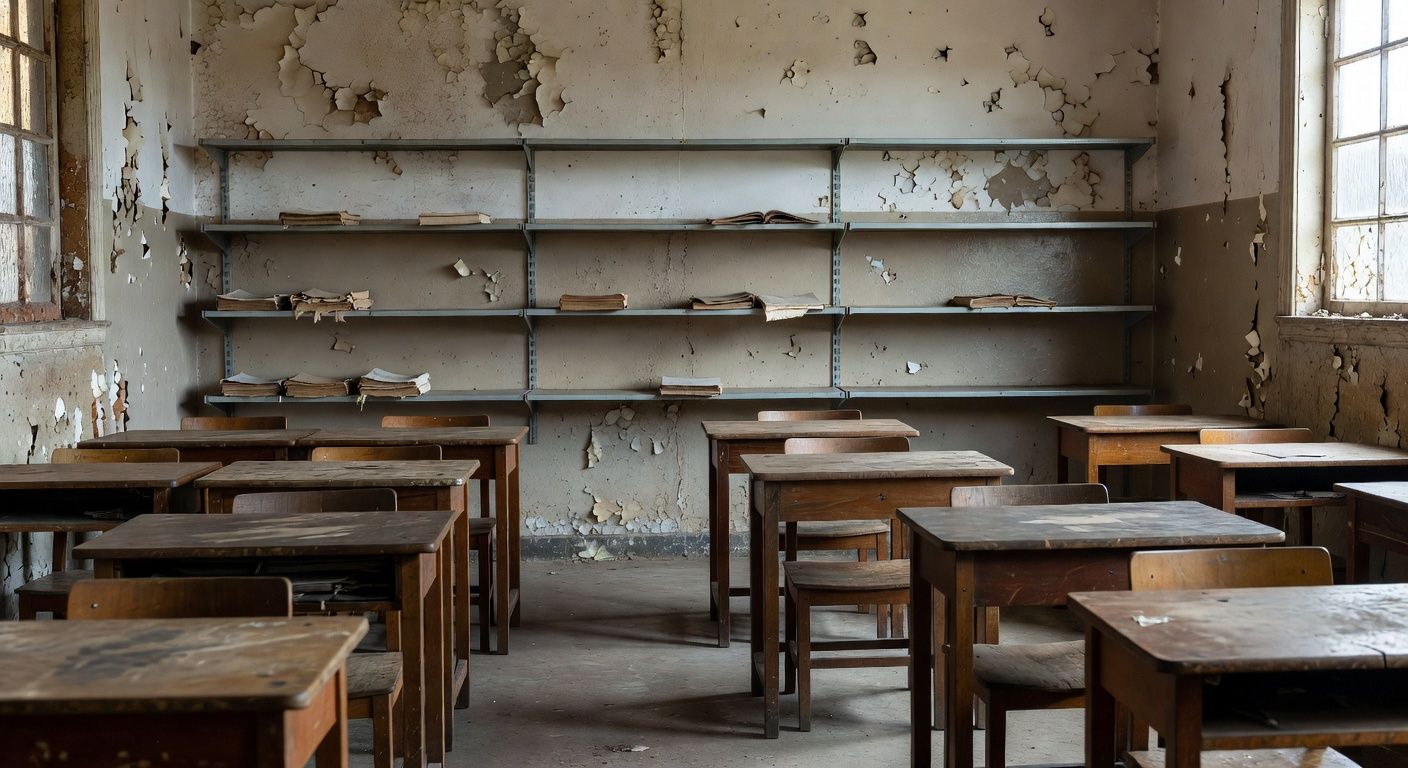 Sala de aula abandonada evidenciando falta de recursos na educação de jovens e adultos