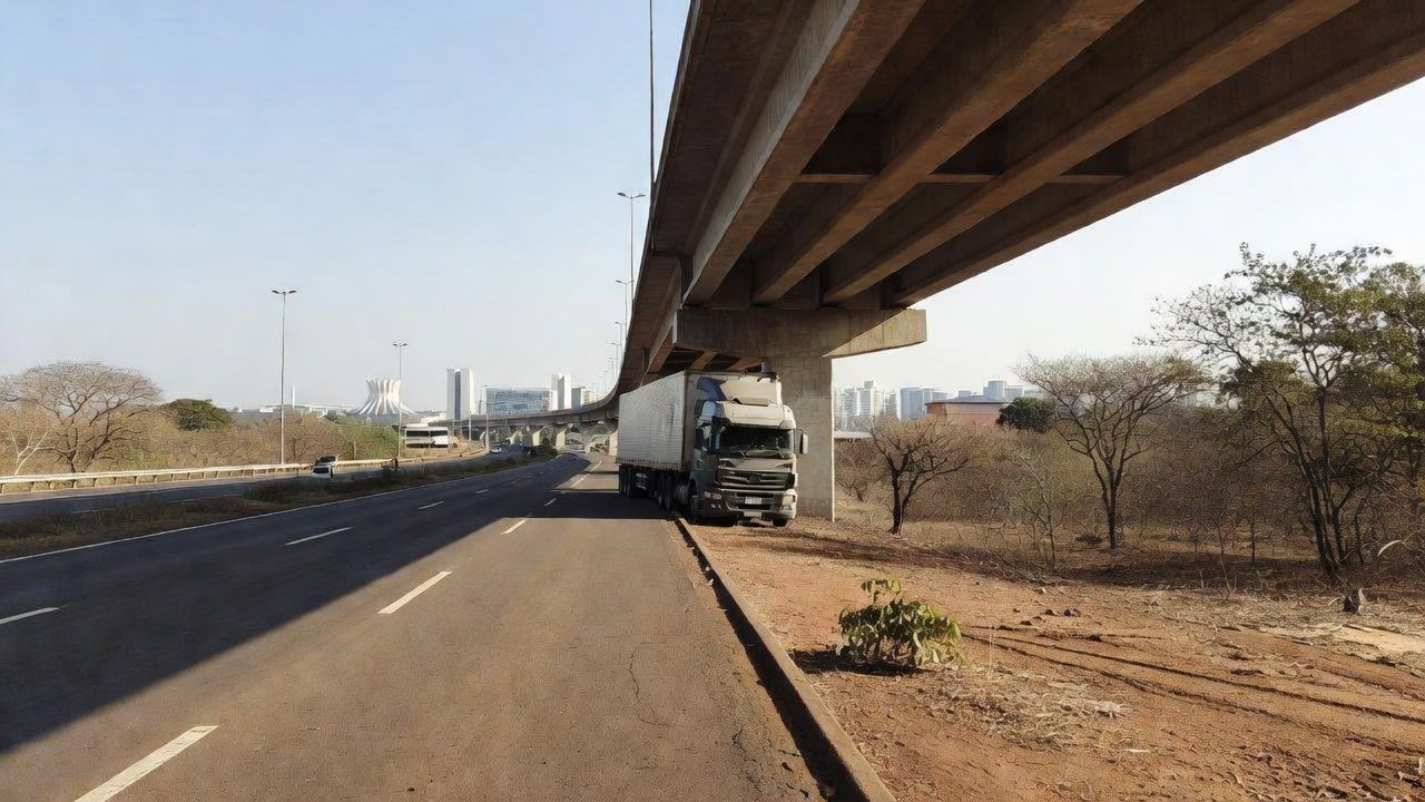 Carreta presa sob viaduto da EPIA Sul no Distrito Federal