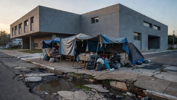 Rua urbana brasileira com barracas e pertences de pessoas em situação de rua