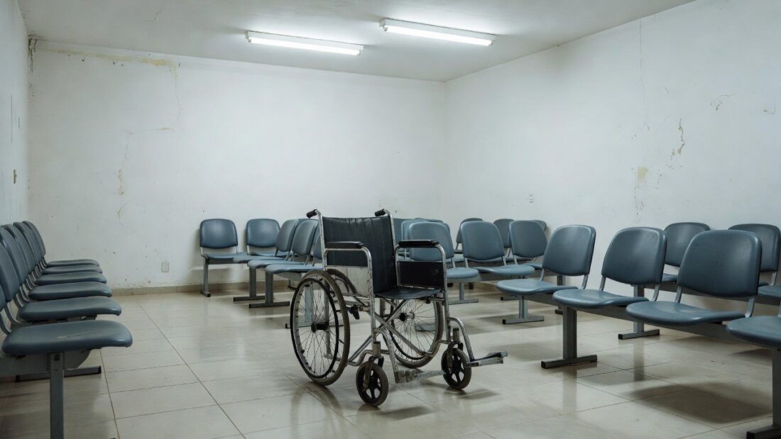 Cadeira de rodas vazia em sala de espera da UPA do Recanto das Emas