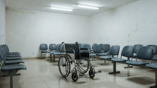 Cadeira de rodas vazia em sala de espera da UPA do Recanto das Emas