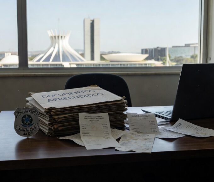 Documentos apreendidos pela Polícia Civil sobre descontos irregulares em aposentadorias no DF