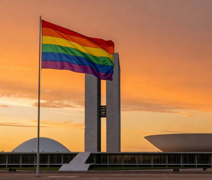 Fachada da Câmara do DF com bandeiras do Orgulho LGBTI+ em Brasília