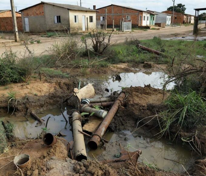 Tubulações e medidores de água em área residencial da Fercal, Caesb regulariza ligações