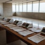 Plenário vazio da CLDF com urna eletrônica simbolizando fragilidade do sistema eleitoral