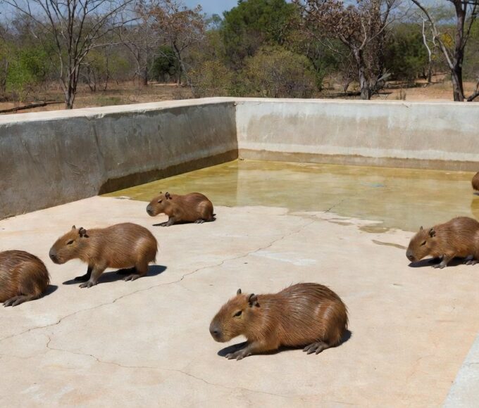 Filhotes de capivara em piscina vazia no Lago Norte, Brasília