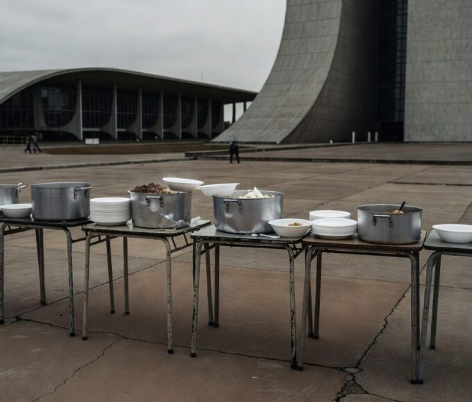 Cozinha solidária no DF com panelas de comida para combater a fome