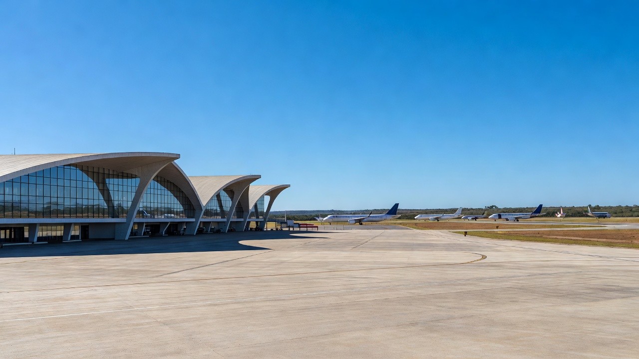 Aeroporto de Brasília com aviões na pista durante férias de julho