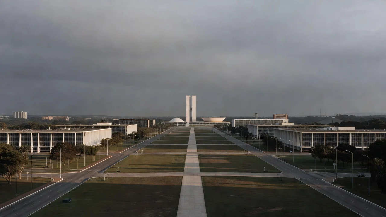 Vista do Congresso Nacional em Brasília sob céu nublado