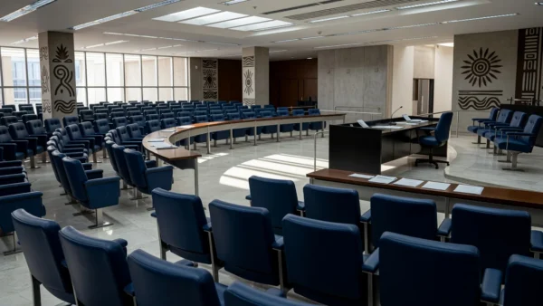 Prédio da CLDF em Brasília com bandeiras do MDB representando apoio político