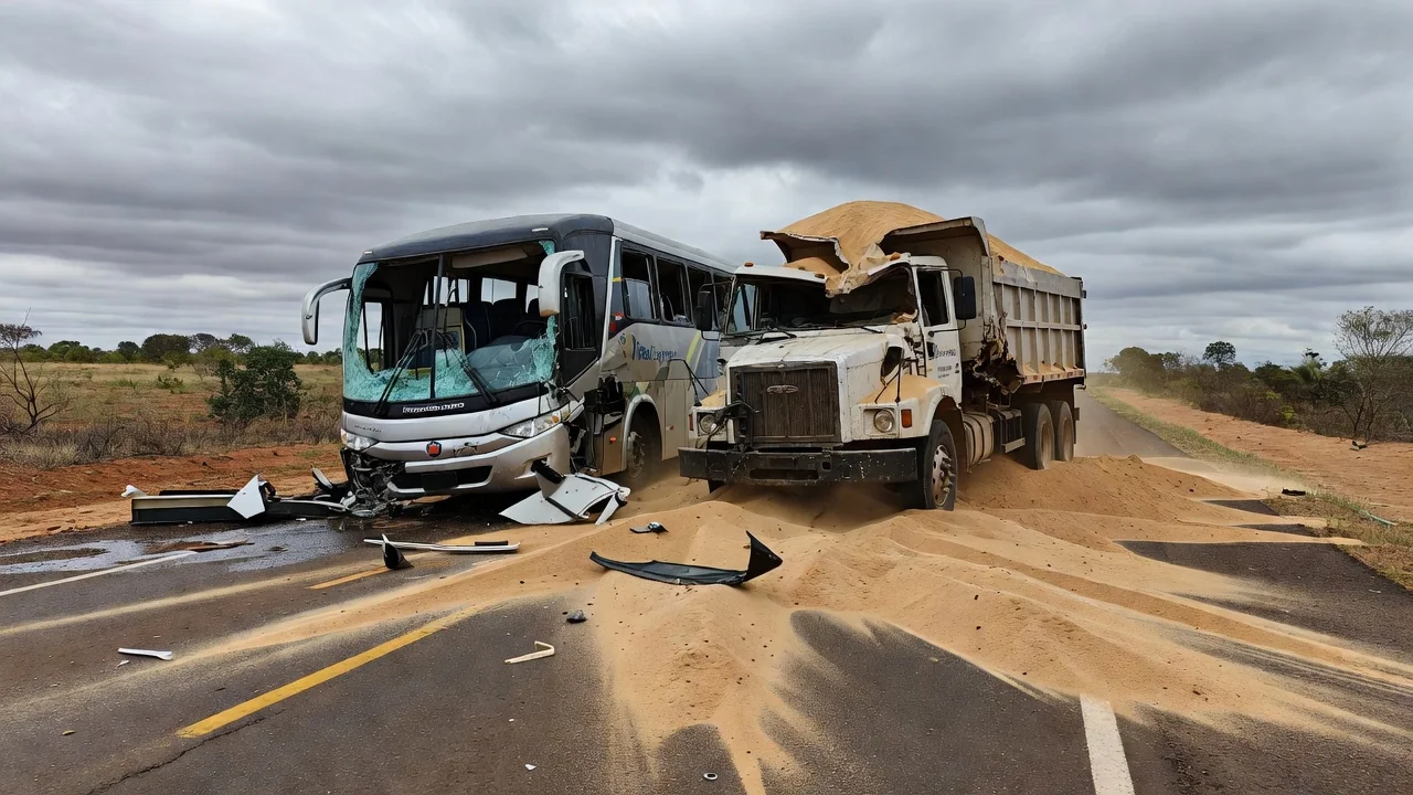 Acidente entre ônibus Real Expresso e caminhão de areia na GO-010 em Luziânia