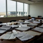 Contratos de planos de saúde em mesa com vista de Brasília representando abusos