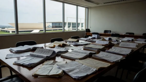 Contratos de planos de saúde em mesa com vista de Brasília representando abusos