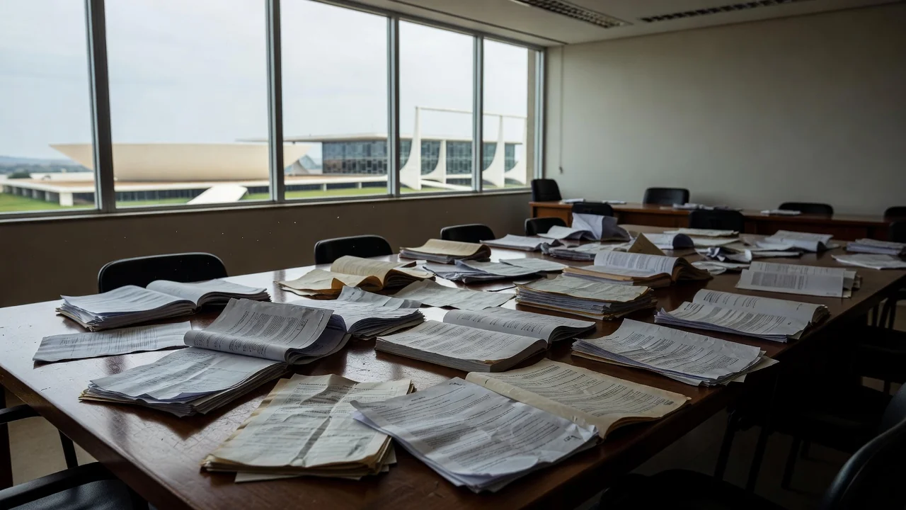 Contratos de planos de saúde em mesa com vista de Brasília representando abusos