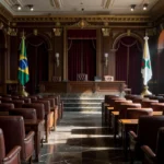 Prédio da CLDF em Brasília com torres de energia ao fundo sob céu nublado