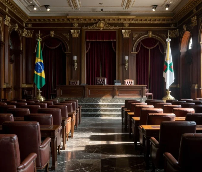Prédio da CLDF em Brasília com torres de energia ao fundo sob céu nublado