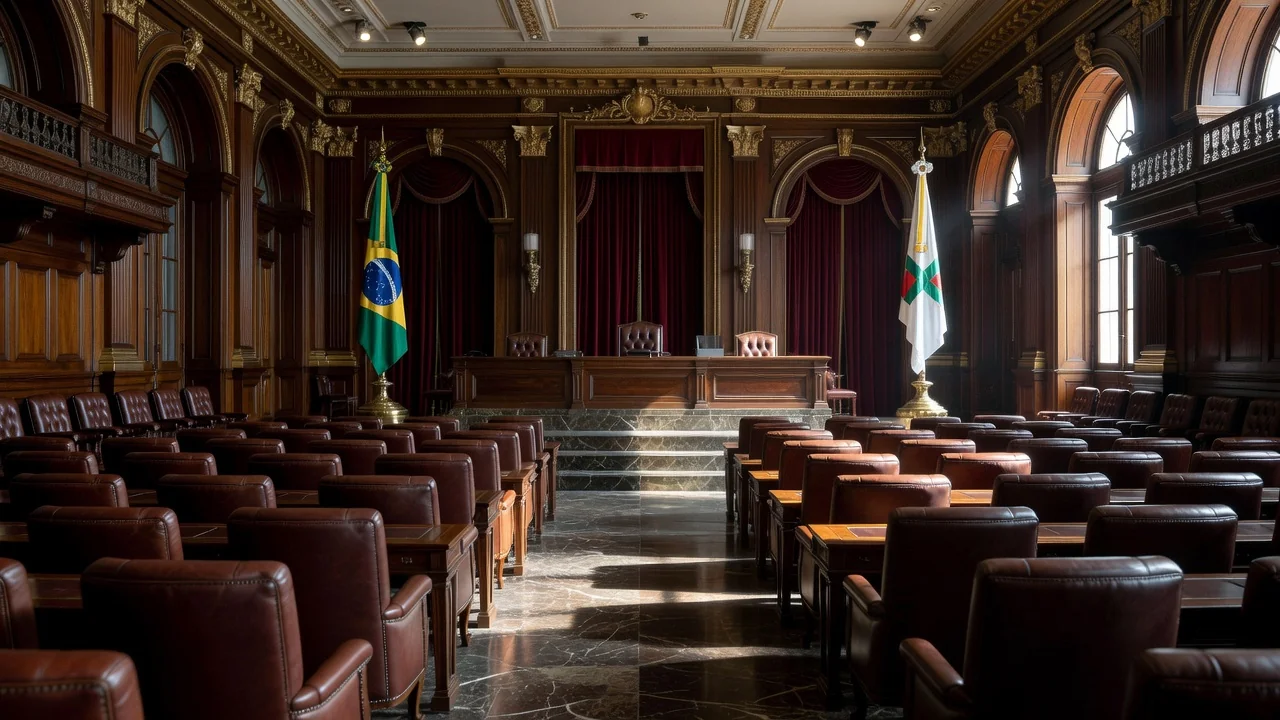 Prédio da CLDF em Brasília com torres de energia ao fundo sob céu nublado