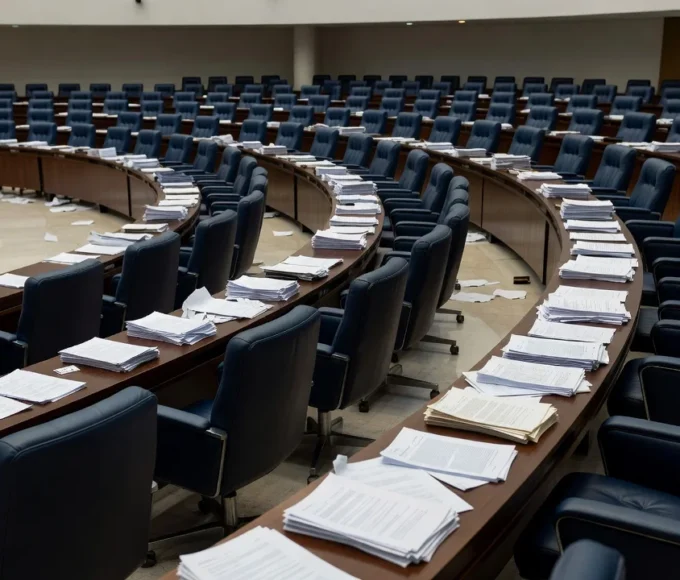 Plenário da CLDF em Brasília com documentos orçamentários representando falha na fiscalização