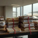 Pilhas de documentos em mesa no Congresso Nacional em Brasília representando burocracia em emendas parlamentares