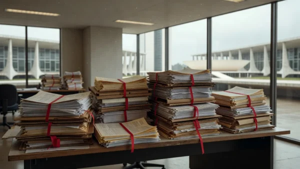 Pilhas de documentos em mesa no Congresso Nacional em Brasília representando burocracia em emendas parlamentares