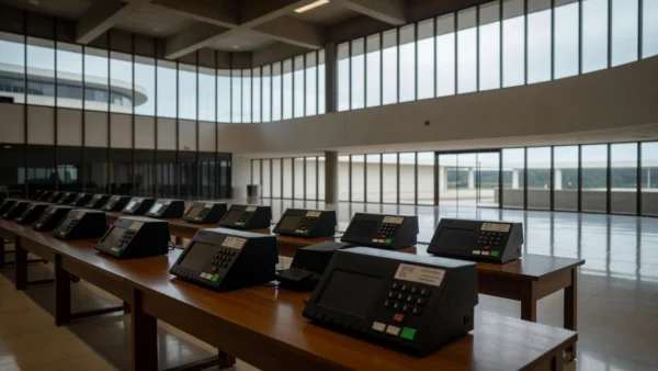Urnas eletrônicas em sala de testes na Câmara do DF