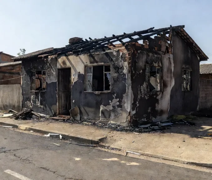 Casa carbonizada no Recanto das Emas após incêndio