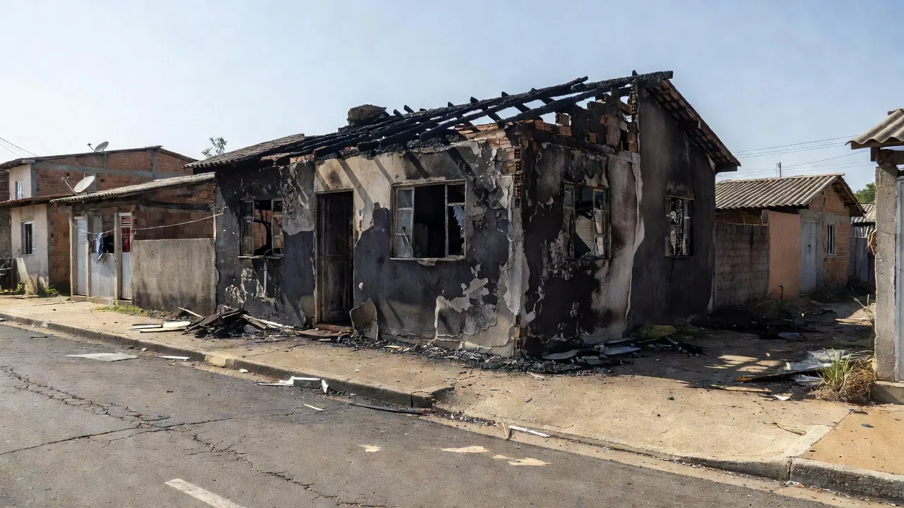 Casa carbonizada no Recanto das Emas após incêndio