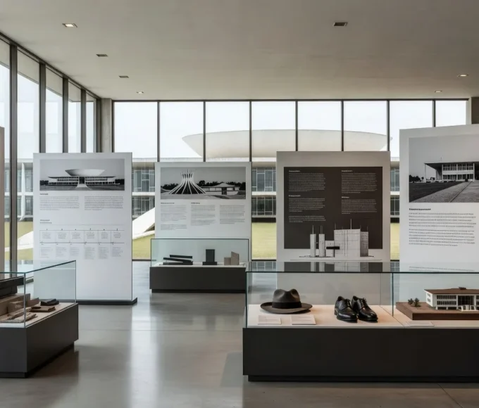 Exposição JK Entre Cartas e Caminhos com documentos e mapas em tribunal de Brasília