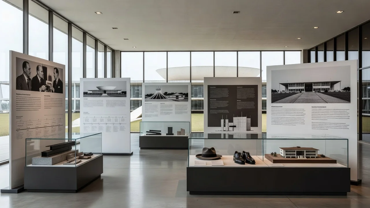 Exposição JK Entre Cartas e Caminhos com documentos e mapas em tribunal de Brasília